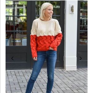 Red and White Cable Crop Sweater-Hand In Pocket